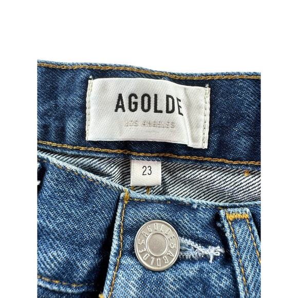 AGOLDE Parker Cut Off Denim Shorts Size 23 Medium Wash Frayed Hem Cotton Button - Picture 3 of 8